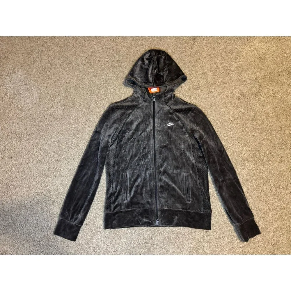 NWT NIKE Velvet Velour Hoodie Dark Gray Green Full Zip Y2K 90's Streetwear M